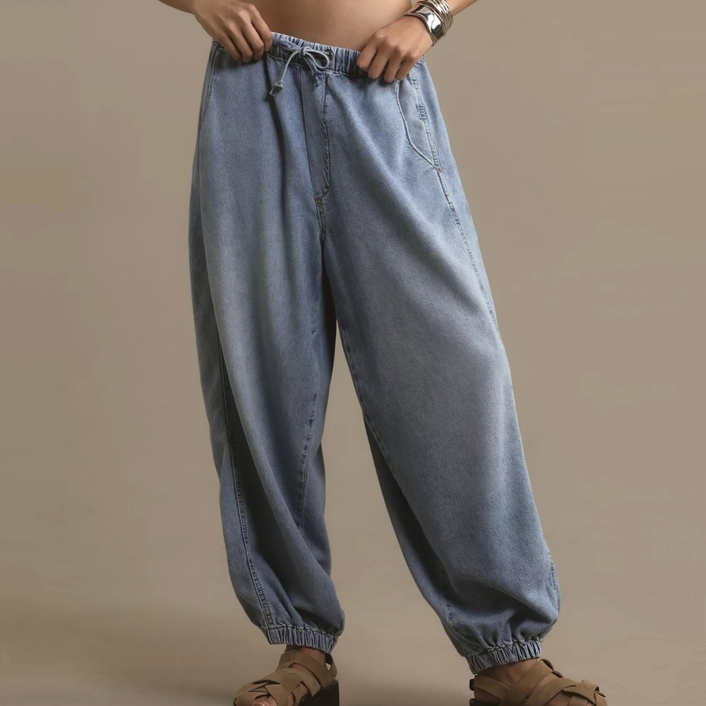 Anthropologie Light Blue Wide-Leg Drawstring Denim Joggers
